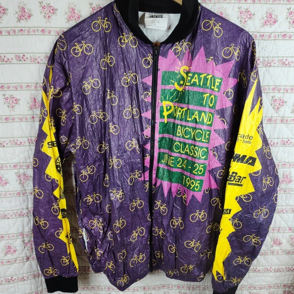 Vintage 1995 Seattle to Portland STP Bicycle Full Zip Jacket Purple Bike Print L - Picture 1 of 8
